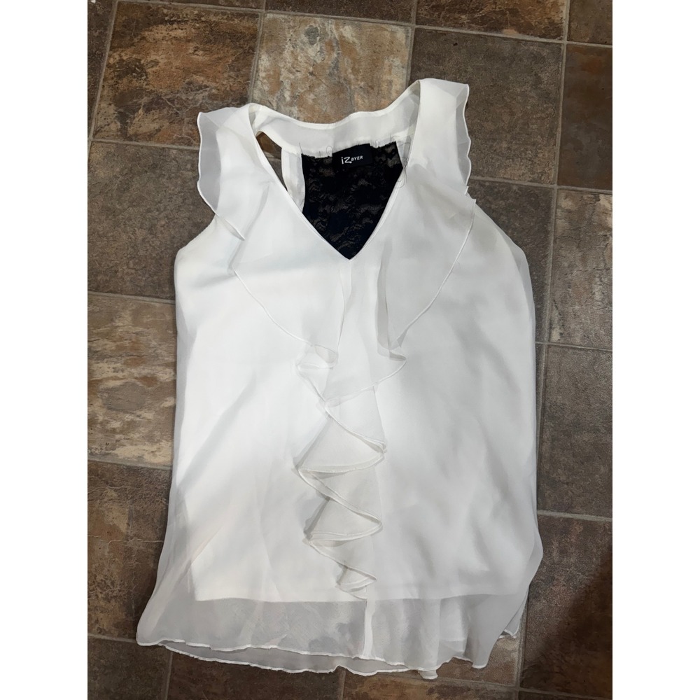 Iz Byer Womens White Chiffon Ruffle V-Neck Blouse Black Lace‎ Racerback Small
